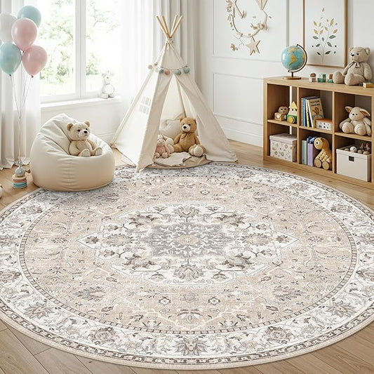 Washable 6ft Circle Round Rug: 6x6 Low-Pile Circular Rug for Living Room Bedroom Cute Office Nursery Area Rug with TPR Rubber Backing Soft Stain-Resistant Carpet Bathroom Entryway Dorm(6Round，Beige)