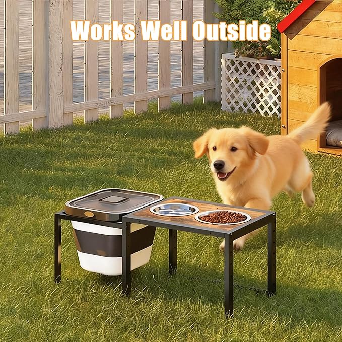 Elevated Dog Bowl with Storage Container - 2-in-1 Raised Dog Bowl Stand with 2 Stainless Steel Food Bowls，15-18 lb Dog Food Storage Bin for Large Breed Dogs, Adjustable Height Feeding Station