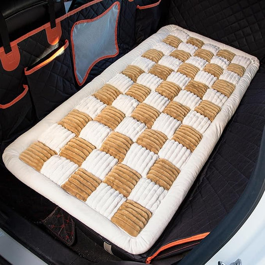 Soulbond Dog Bed for Car Back Seat Soft Plush Backseat Pet Bed Mat Non-Slip Travel Pet Mat, Fuzzy Plaid Dog Seat Cover, Fit for Backseat Extenders and Trucks SUVs (Brown and White, 54" x 24.8")