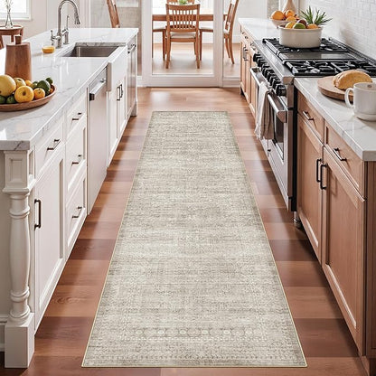Washable Non-Slip 2x8 Kitchen Rug: Low-Pile Stain-Resistant Entryway Area Rug Indoor Low Pile Hallway Runner Rug Ultra Soft Bedroom Carpet Bathroom Dining Room Living Room Floor Mat(2x8,Beige/Ivory)