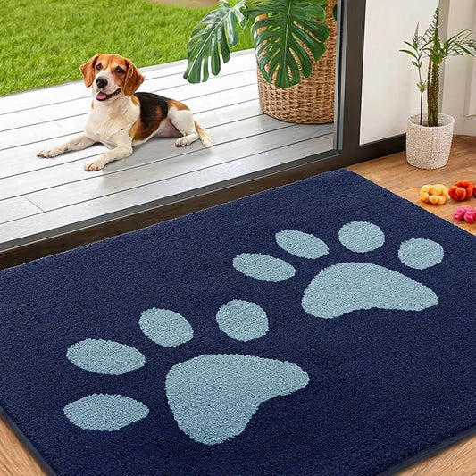Smiry Dog Door Mat for Muddy Paws, Absorbs Moisture and Dirt, Low-Profile Entryway Mat with Non-Slip Backing, Entry Indoor Outdoor Doormat for Inside Floor (40x32 Inches, Dark Blue, Paw)