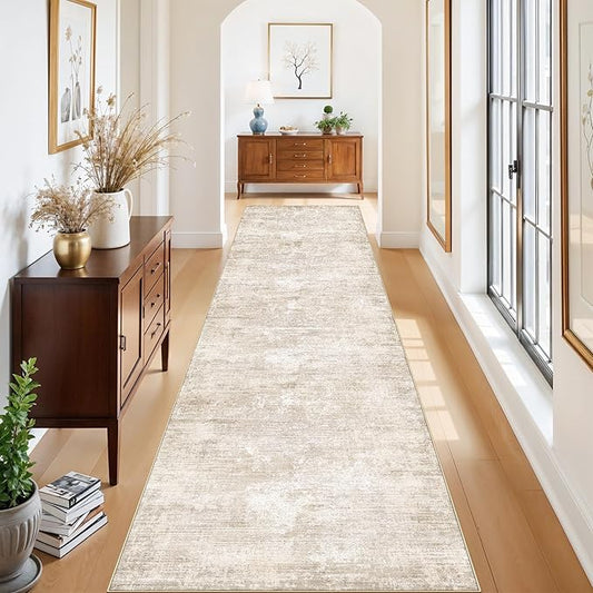 Washable Abstract Kitchen Runner Rug: Neutral Soft Carpet Runners for Hallway 12ft Stain-Resistant Entryway Bathroom Rug Modern Living Room Bedroom Floor Mat with Non Slip Backing(2'6x12',Warm/Beige)