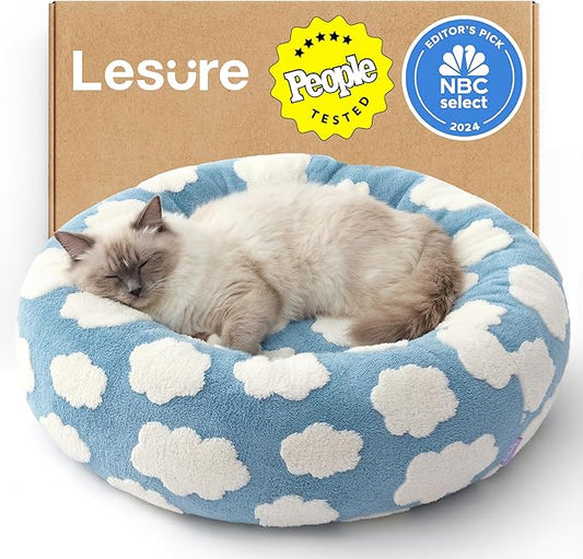 Lesure Shown on TV Donut Cat Beds for Indoor Cats - Small Round Dog Bed for Calming Pets as Gift with Washable Cover, Cute Modern Puppy Bed with Jacquard Shaggy Plush & Anti Slip Bottom, 20 Inch, Blue
