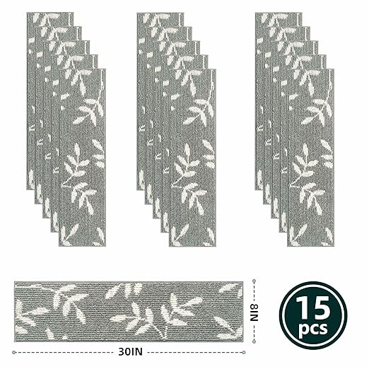 Carpet Stair Treads, Non-Slip Stair Treads for Wooden Steps Indoor, 30”x8” Stair Runner for Pets Non Skid Wood Staircase Step Treads Reusable, Set of 15, Grey