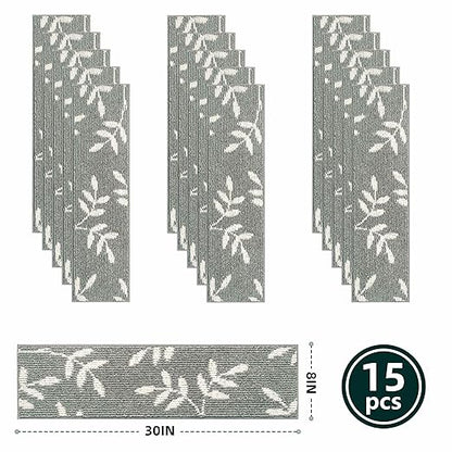 Carpet Stair Treads, Non-Slip Stair Treads for Wooden Steps Indoor, 30”x8” Stair Runner for Pets Non Skid Wood Staircase Step Treads Reusable, Set of 15, Grey