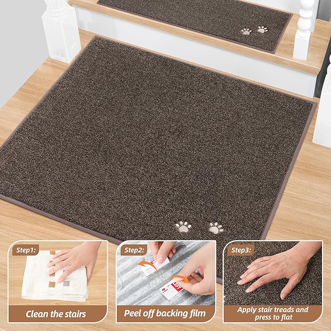BEQHAUSE Stair Landing Rug Non-Slip 30"x30", Square Stair Landing Mats for Stairs Washable, Carpet Stair Treads Matching Mats for Wooden Steps Indoor Landing Rugs Surface Polyester TPE Backing, Brown