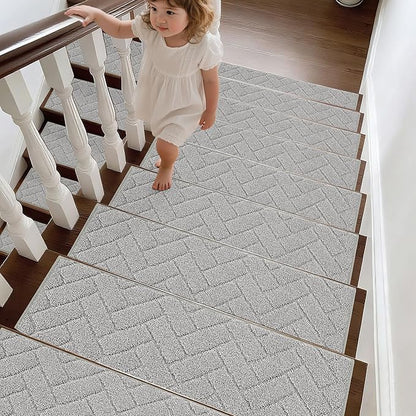 BEQHAUSE Edging Stair Treads for Wooden Steps 9" x 28", Non Slip Carpet Stair Treads Indoor Stair Runners, Soft Stair Rugs, Machine Washable, 100% Polyester, TPE Backing, 4pcs, Grey