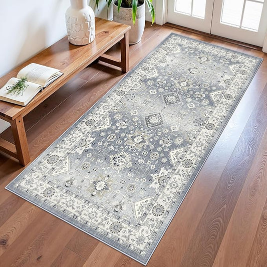 3x6 Hallway Washable Runner Rug : Vintage Non-Slip Soft Kitchen Laundry Runner Farmhouse Entryway Living Room Floor Mat Stain Resistant Carpet for Bedroom Bathroom Distressed Beside Rug(3x6,Grey)