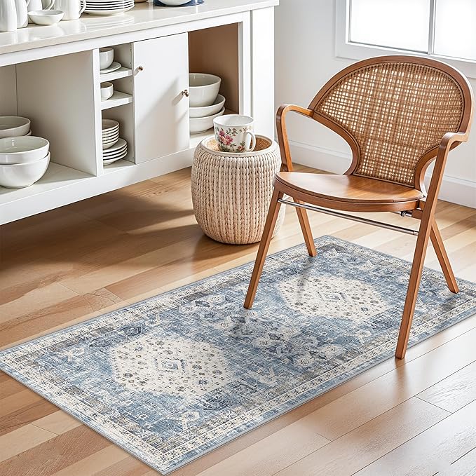 Kitchen Runner Rug 2x4 Washable : Indoor Vintage Non Slip Rugs for Entryway Hallway Bedroom Ultra-Thin Foldable Low Pile Carpet for Laundry Bathroom Home Decor Floor Mat 2'x4' Aqua Blue