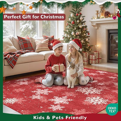 3x8 Runner Rug Non Slip for Hallway, Washable Christmas Rugs for Living Room, Ultra-Thin Snowflake Bathroom Rug Runner, Soft Red and White Christmas Decor Indoor(3'x8', Red/White)