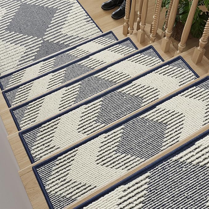 PADOOR 7PC Stair-Treads Non Slip, 3D Peel and Stick Stair Treads for Wooden Steps Indoor, Stair-Carpet Treads Washable Reusable Adhesive Stair-Runner Rugs for Kids and Dogs 8"x30" Blue