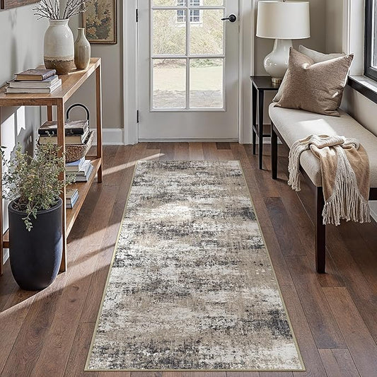 2x6 Abstract Runner Rug Brown Washable Modern Hallway Carpet Non Slip Ultra Soft Neutral Low Pile Contemporary Long Rug for Bathroom Laundry Kitchen Bedroom
