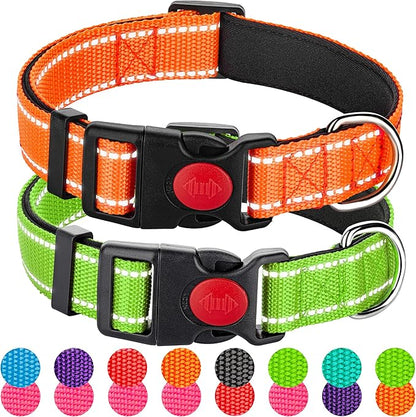 2 Pack Reflective Dog Collars for Medium Large and Small Breed Dogs Male Female,Padded Soft Durable Nylon Neoprene Collar for Puppy Dogs Girl Boy with Quick Release Safety Buckle,Orange,Green,XS