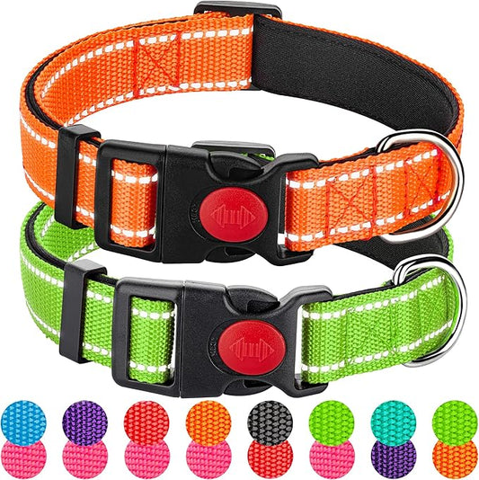 2 Pack Reflective Dog Collars for Medium Large and Small Breed Dogs Male Female,Padded Soft Durable Nylon Neoprene Collar for Puppy Dogs Girl Boy with Quick Release Safety Buckle,Orange,Green,XS