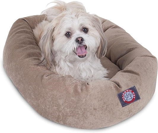 Majestic Pet 24 Inch Micro Velvet Calming Dog Bed Washable – Cozy Soft Round Dog Bed with Spine for Head Support - Fluffy Donut Puppy Mat 24x19x7 (inch) Small - Pearl (2025)