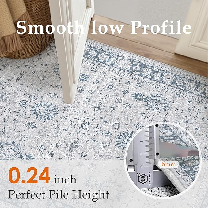 2x6 Runner Rug Blue Washable Hallway Vintage Carpet Kitchen Small Long Non Slip Stain Soft Resistant Low Pile Thin Boho Accent Indoor Throw Rug for Bedroom Laundry Living Room