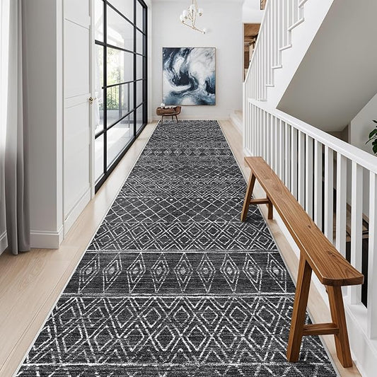 Washable 2.6x14 Runner Rug Moroccan: Hallway Rugs Non Slip Geometric Bedroom Rugs - Soft Long Low Pile Boho Carpet - Modern Floor Mats for Kitchen Entryway Laundry 2'6"x14' Black