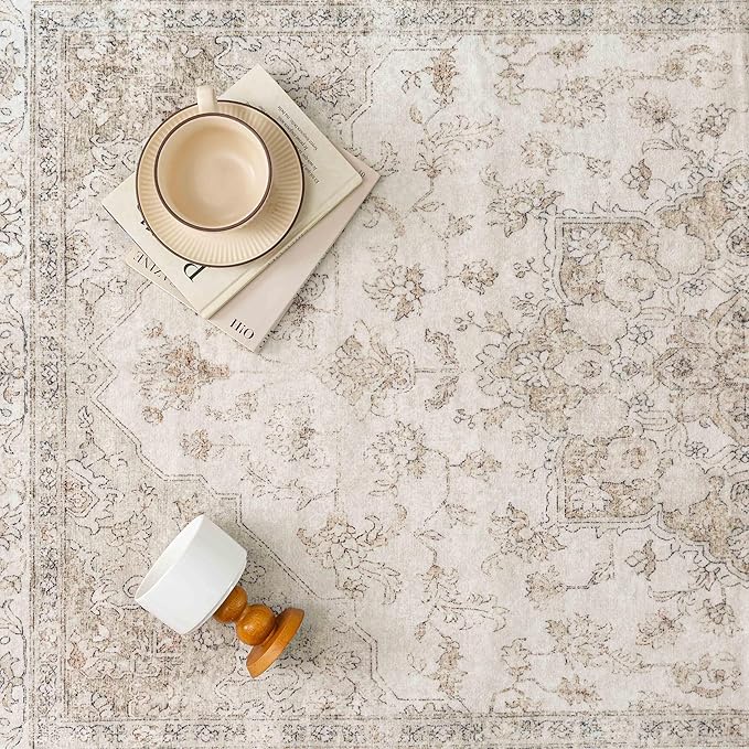 Beige Runner Rug 2x5 Washable Vintage Carpet Hallway Kitchen Soft Retro Low Pile Thin Indoor Bedroom Non Slip Oriental Medallion Long Throw Rug for Bathroom Laundry Dining Room