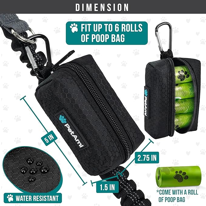 PetAmi Dog Poop Bag Holder & Waste Bag Dispenser with Clip-On Pouch Includes 1 Roll of Pet Waste Bags Portable Dog Walking Accessories for Leash, Belt or Backpack, Black