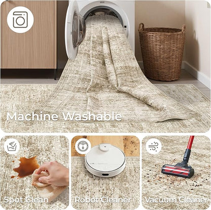 2x7 Runner Rug Non Slip, Thin Entryway Washable Rug for Entryway, Runners for Hallways, Low Pile Vintage Abstract Soft Rugs for Living Room, Kitchen, Bedroom(2'x7', Brown/Ivory)