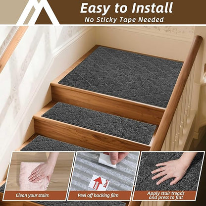 COSY HOMEER Edging Stair Treads Non-Slip Corner Indoor Stair Runners for Wooden Steps,Landing Slip Resistant Stair Rugs Mat for Kids and Dogs,100% Polyester TPE Backing,Black,30x30 inch