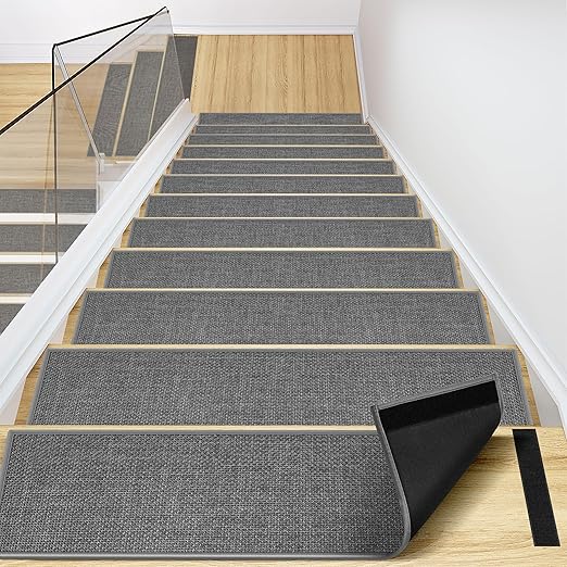 Peel and Stick Carpet Stair Treads for Wooden Steps Set of 15, Non Slip Adhesive Jute Stair Mats Indoor, Rubber Backing Safety Step Pads Mats, Grey, 8"x30"