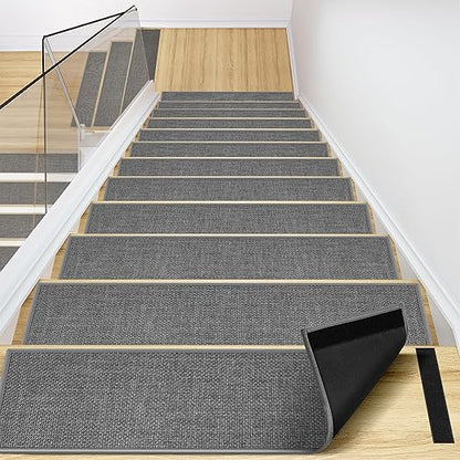 Peel and Stick Carpet Stair Treads for Wooden Steps Set of 15, Non Slip Adhesive Jute Stair Mats Indoor, Rubber Backing Safety Step Pads Mats, Grey, 8"x30"