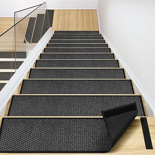 Peel and Stick Stair Carpet Treads for Wooden Steps,15 Pack Indoor Black Stair Mats, Basement Safety Stick On Stair Rug Step Pads for Pet Dog, Elders and Kids