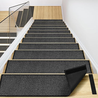 Peel and Stick Stair Carpet Treads for Wooden Steps,15 Pack Indoor Black Stair Mats, Basement Safety Stick On Stair Rug Step Pads for Pet Dog, Elders and Kids