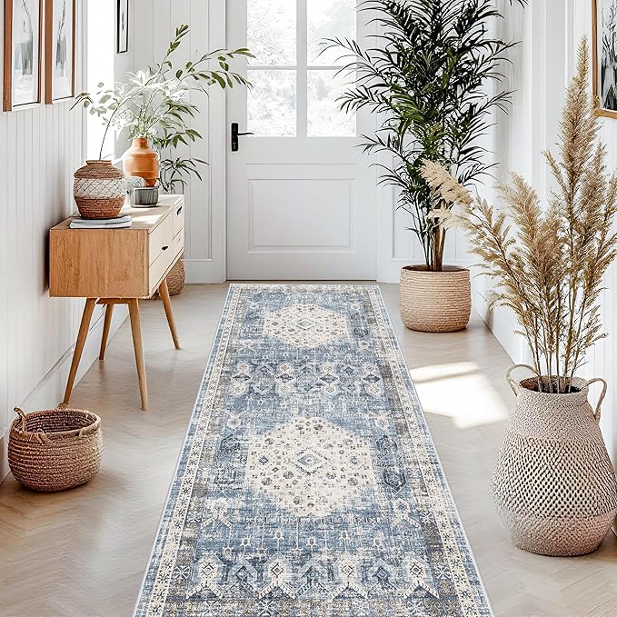 RUUGME Washable Kitchen Runner Rug 3x8 - Non Slip Stain Resistant Hallway Bedroom Rugs Ultra Thin Vintage Distressed Rug for Living Room Bedroom Laundry Room Home Decoration Mat 3x8 Aqua Blue