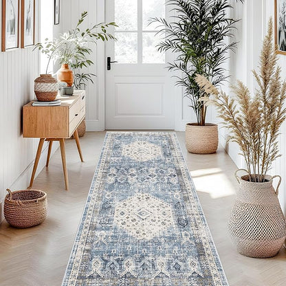 RUUGME Washable Kitchen Runner Rug 3x8 - Non Slip Stain Resistant Hallway Bedroom Rugs Ultra Thin Vintage Distressed Rug for Living Room Bedroom Laundry Room Home Decoration Mat 3x8 Aqua Blue