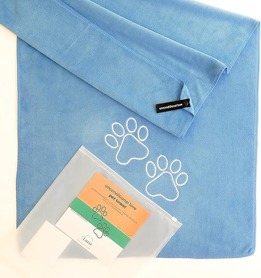 Unconditional Love | Premium Pet Drying Towel | Ultra Absorbent and Soft Microfiber Towel for Dogs and Cats (Blue) XL