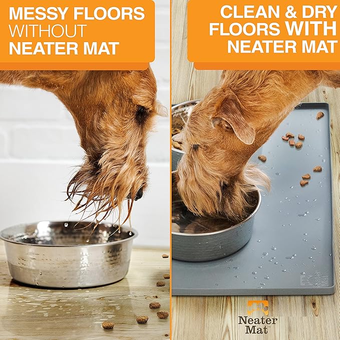 Neater Pet Brands Neater Mat Pet Mats for Food and Water, Cat & Dog Bowl Mat Waterproof Silicone, Feeding Tray, Dog Food Mats for Floors, Placemat w/Raised Edge for Under Bowls, 32" x 24", Grey