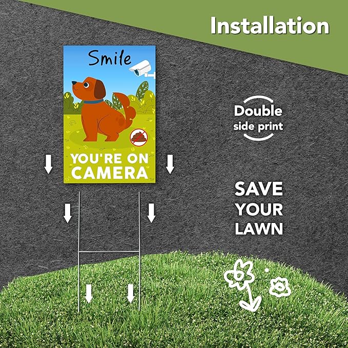 2 PC Smile You're on Camera Signs, 8x12 DS Coroplast No Dog Poop Signs for Yard, Please Curb Your Dog Sign