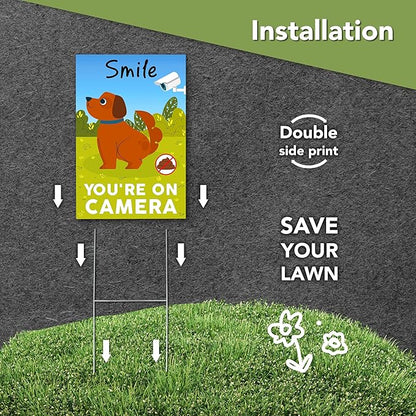 2 PC Smile You're on Camera Signs, 8x12 DS Coroplast No Dog Poop Signs for Yard, Please Curb Your Dog Sign