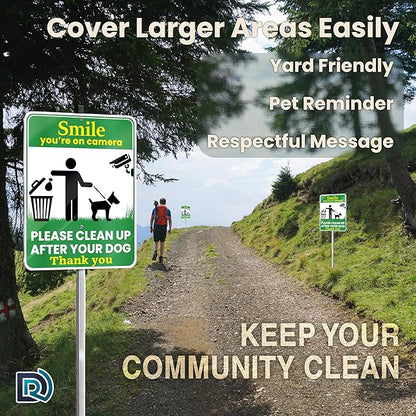 Clean Up After Your Dog Signs, Smile Youre on Camera Signs, 10 x 13 Inch Reflective Aluminum Outdoor Yard Signs with 28 Inch Metal Stake, 3 Pack