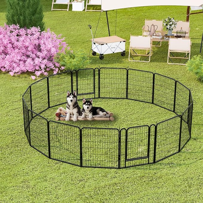 Dog Playpen Indoor - Pet Fence Puppy Exercise Pen for Yard Gate 6/8/12/16Panel Heavy Duty Crates with Doors Metal Dog Pen for Camping Outdoor, Small/Medium Pets (27.4 x 31.7 Inch, Black 16 Panels)