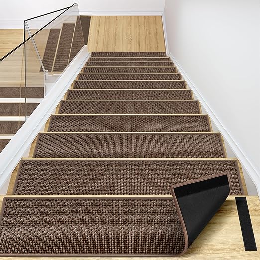 Peel and Stick Self Adhesive Jute Carpet Stair Treads, 15 Pack Rubber Backed Basement Safety Stair Mats, Non Slip Stair Cover Step Pads for Stairs, Light Brown