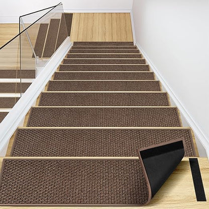 Peel and Stick Self Adhesive Jute Carpet Stair Treads, 15 Pack Rubber Backed Basement Safety Stair Mats, Non Slip Stair Cover Step Pads for Stairs, Light Brown