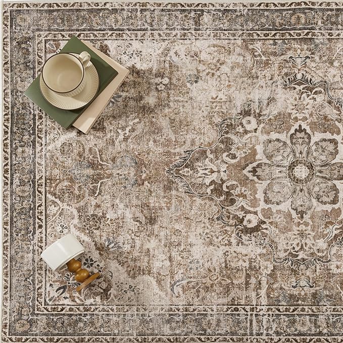 Brown Runner Rug 2x8 Washable Vintage Long Carpet Low Pile Traditional Distressed Retro Accent Indoor Hallway Throw Rug Non Slip for Kitchen Laundry Bathroom Dining Room