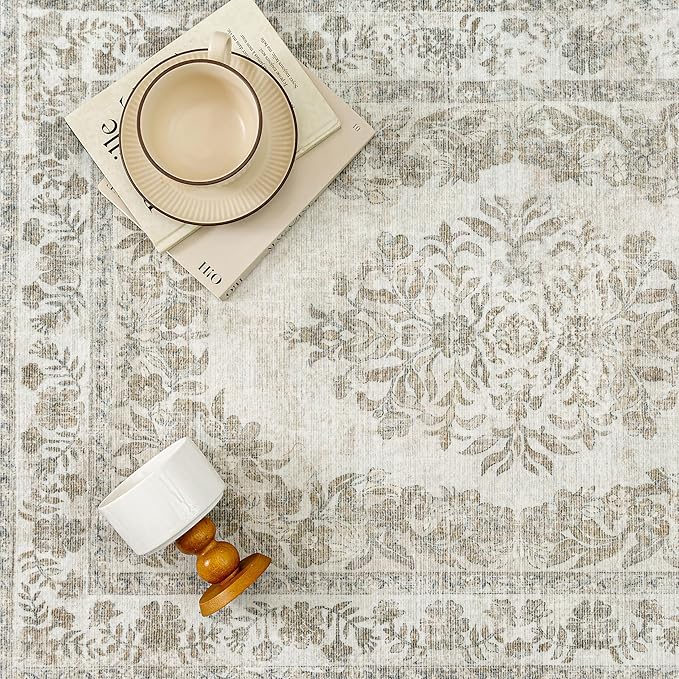 2x5 Runner Rug Beige Washable Hallway Kitchen Bedroom Vintage Distressed Bathroom Non Slip Medallion Floral Carpet Indoor Retro Throw Floor Mat for Office Dining Laundry Living Room