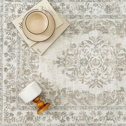 2x5 Runner Rug Beige Washable Hallway Kitchen Bedroom Vintage Distressed Bathroom Non Slip Medallion Floral Carpet Indoor Retro Throw Floor Mat for Office Dining Laundry Living Room