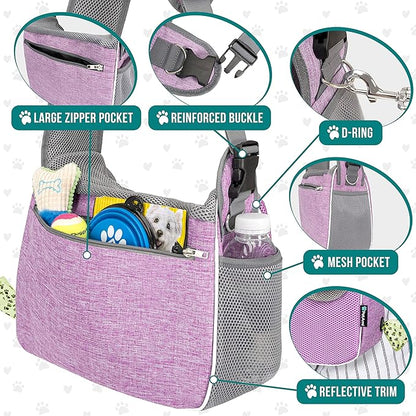 PetAmi Small Dog Sling Carrier, Soft-Sided Crossbody Puppy Carrying Purse Bag, Adjustable Sling Pet Pouch to Wear Medium Dog Cat Travel, Dog Bag for Traveling, Poop Bag Dispenser, Max 10 lbs, Purple