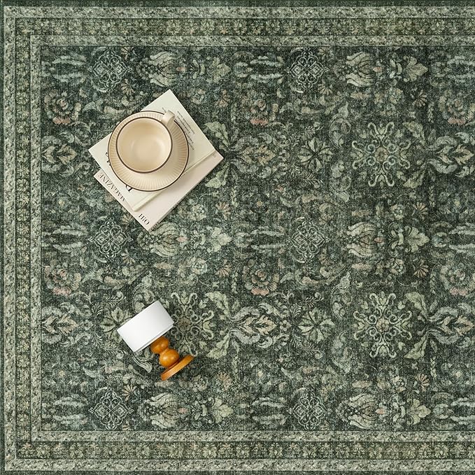 Dark Green 2x6 Runner Rug Washable Hallway Kitchen Vintage Carpet Indoor Non Slip Small Low Plie Thin Bedroom Bathroom Rug Retro Accent Throw Dining Living Room