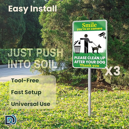 Clean Up After Your Dog Signs, Smile Youre on Camera Signs, 10 x 13 Inch Reflective Aluminum Outdoor Yard Signs with 28 Inch Metal Stake, 3 Pack