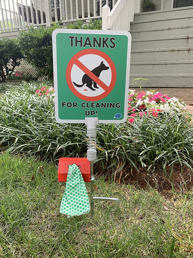 No Poop Dog Signs Poop Bag Dispenser | Stop Dogs from Pooping On Your Lawn | Sign Reads: Thanks For Cleaning Up | Protect Property | No Poo | No Pooper Scooper | (Thanks For Cleaning Up)