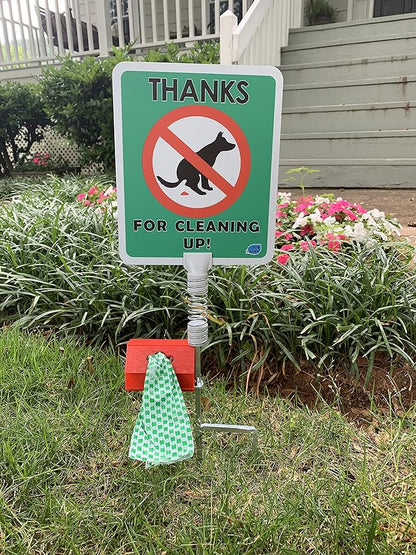 No Poop Dog Signs Poop Bag Dispenser | Stop Dogs from Pooping On Your Lawn | Sign Reads: Thanks For Cleaning Up | Protect Property | No Poo | No Pooper Scooper | (Thanks For Cleaning Up)