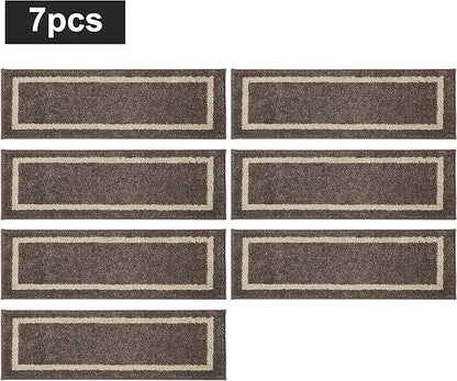 COSY HOMEER Soft Stair Treads Non-Slip Carpet Mat 28inX9in Indoor Stair Runners for Wooden Steps,Stair Rugs for Kids and Dogs, 100% Polyester TPE Backing 7pcs,Brown,Square