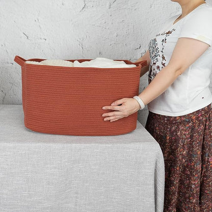 Large Rectangle Blankets Basket Living Room 22"x17"x12" Woven Cotton Rope Storage Baskets for Nursery Toy Baskets for Kids and Dogs Wicker Laundry Basket Bin for Clothes Towels rustic