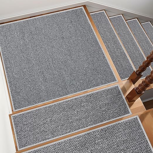 Non-Slip Stair Treads Runners - 30''x30'' Stair Runner for Wooden Steps Washable Self Adhesive Stair Landing Rug Stain Resistant Carpet Edging Staircase Mats for Kids and Dogs Grey